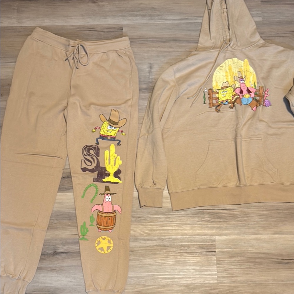 Tan Hoodie and Joggers Set with Cartoon Print